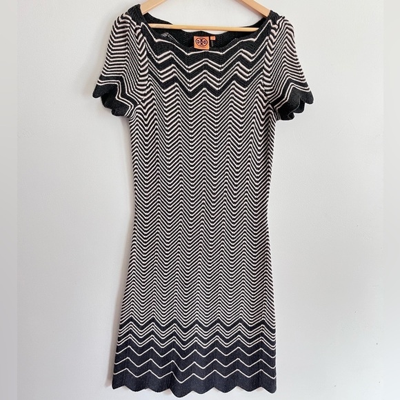 Tory Burch “Kent” Zigzag Pattern Scalloped Edges Merino Wool Sweater Dress - Picture 2 of 10